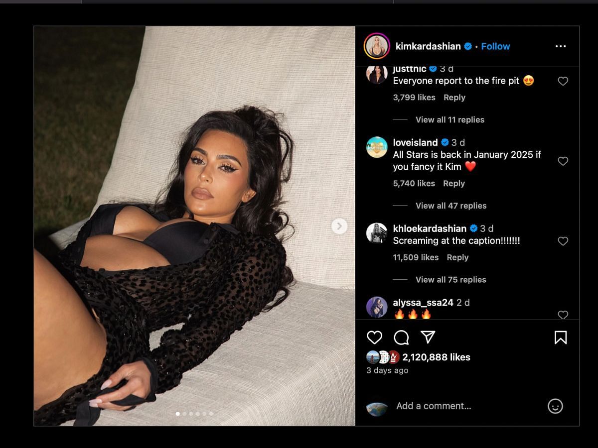 Love Island&#039;s comment on Kim Kardashian&#039;s post (Image via Instagram/@kimkardashian)