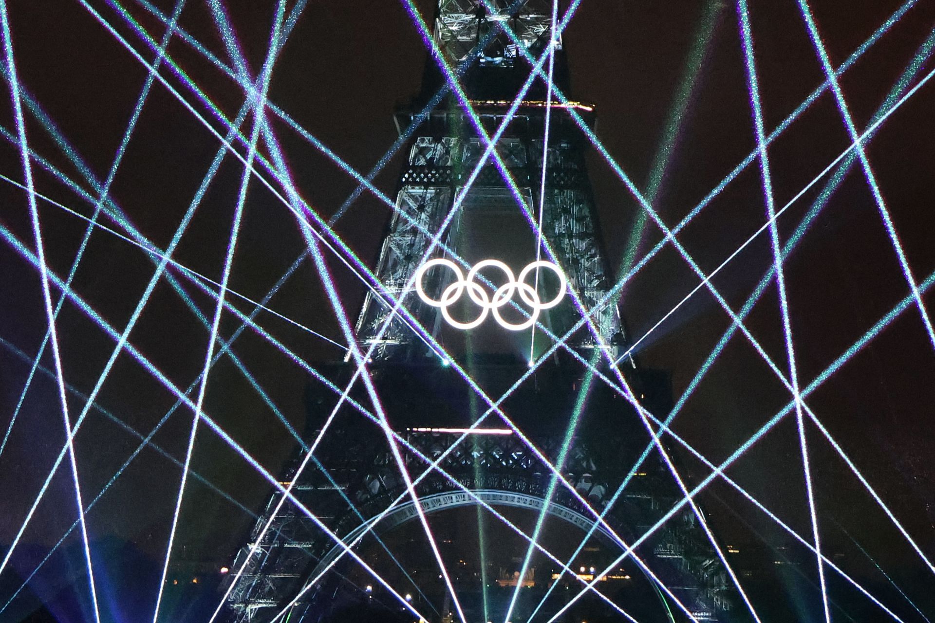 Olympic rings on the Eiffel Tower during the opening ceremony in Paris. (Photo by Getty Images)