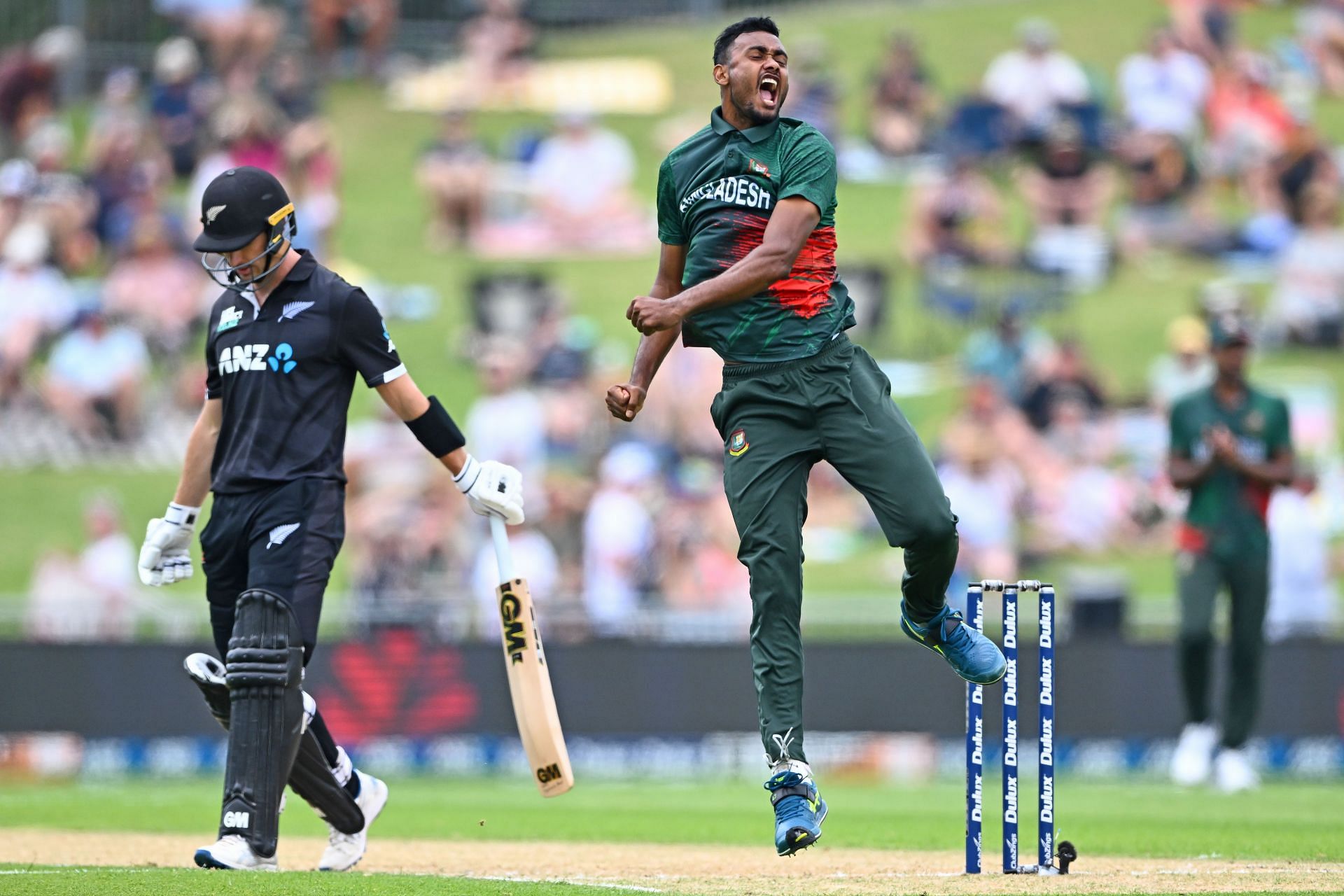 Shoriful Islam of Bangladesh celebrates during game three of the Men's One Day International series between New Zealand and Bangladesh at McLean Park on December 23, 2023 in Napier, New Zealand. (Photo by Kerry Marshall/Getty Images)