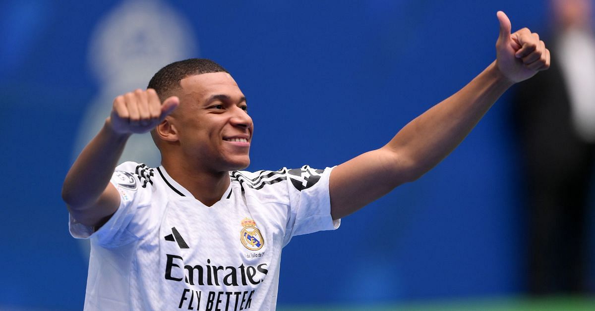 Kylian Mbappe in a Real Madrid shirt