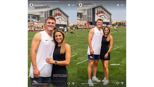 Bo Nix and wife Izzy pose together at the Denver Broncos training camp [Image credit: @izzysmokenix IG]