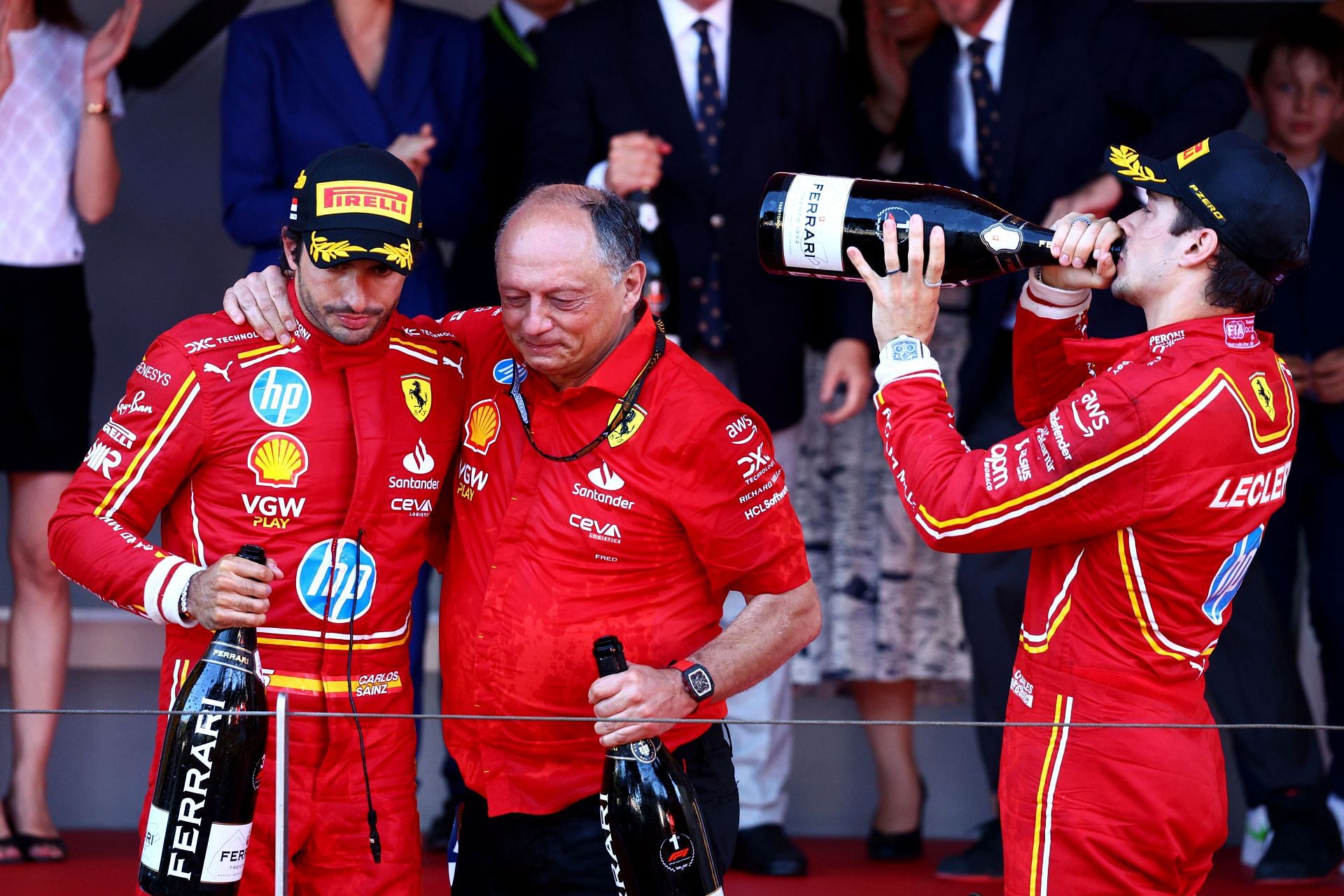 Race winner Charles Leclerc of Monaco and Ferrari, Third placed Carlos Sainz of Spain and Ferrari and Ferrari Team Principal Frederic Vasseur celebrate on the podium during the F1 Grand Prix of Monaco at Circuit de Monaco on May 26, 2024 in Monte-Carlo, Monaco. (Photo by Clive Rose/Getty Images)