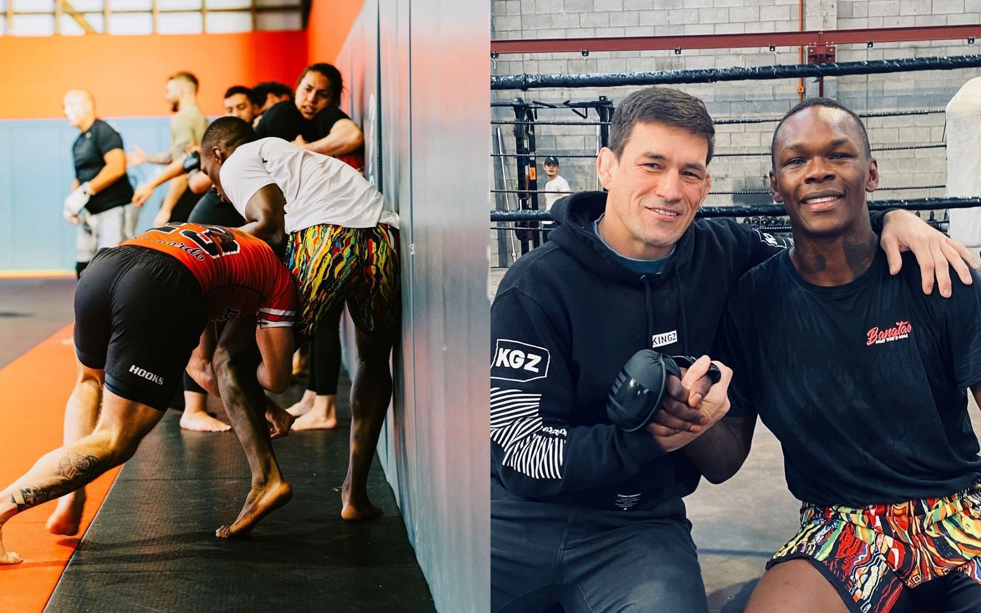 Israel Adesanya works on his grappling (left); Maia and Adesanya pose together for a photo (right) [Images courtesy: @stylebender on Instagram]