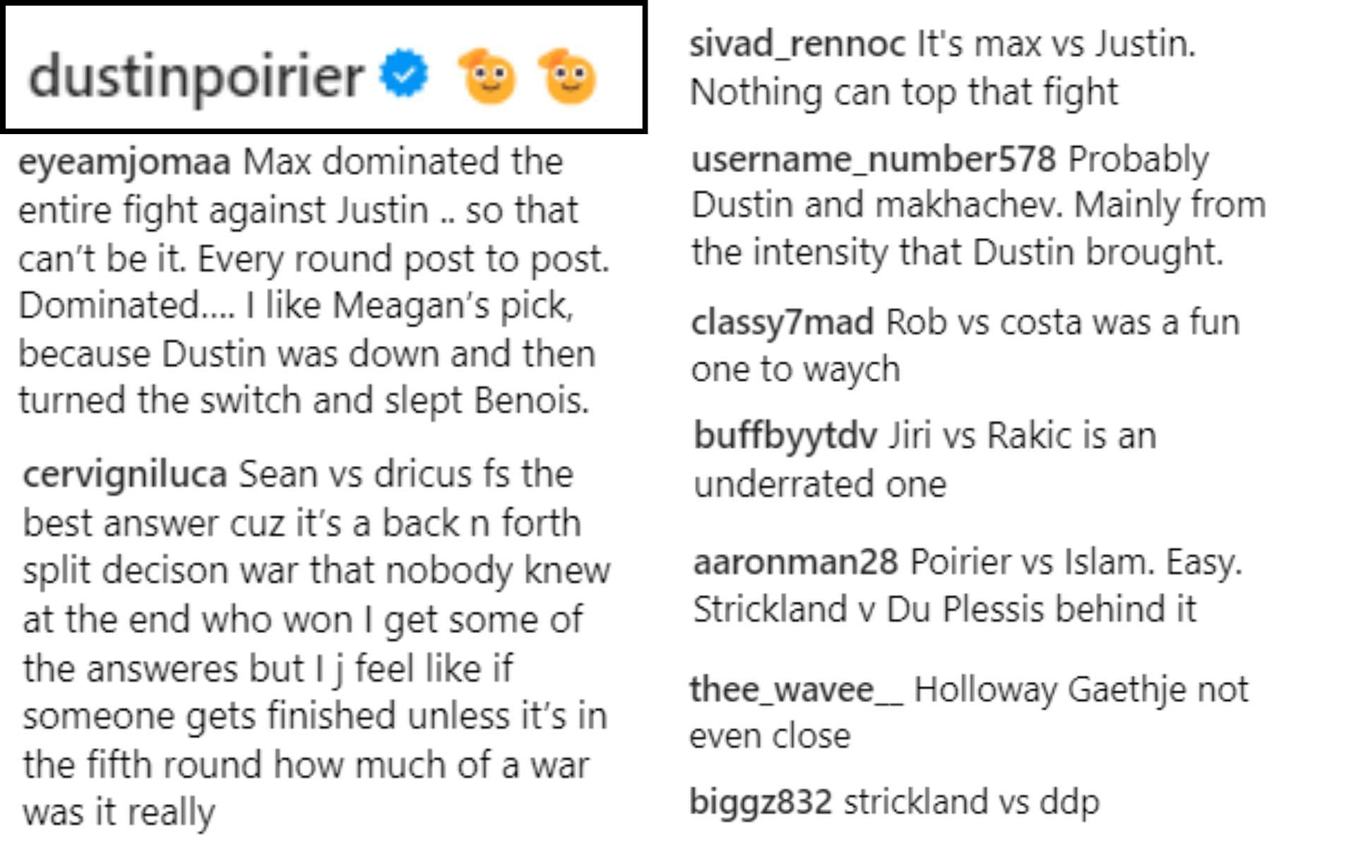 Screenshot of fan reactions to MMA Junkie&#039;s post on Instagram