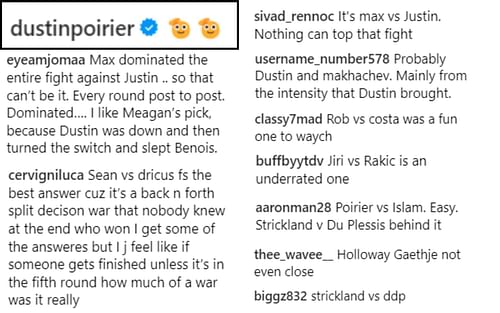 Screenshot of fan reactions to MMA Junkie's post on Instagram