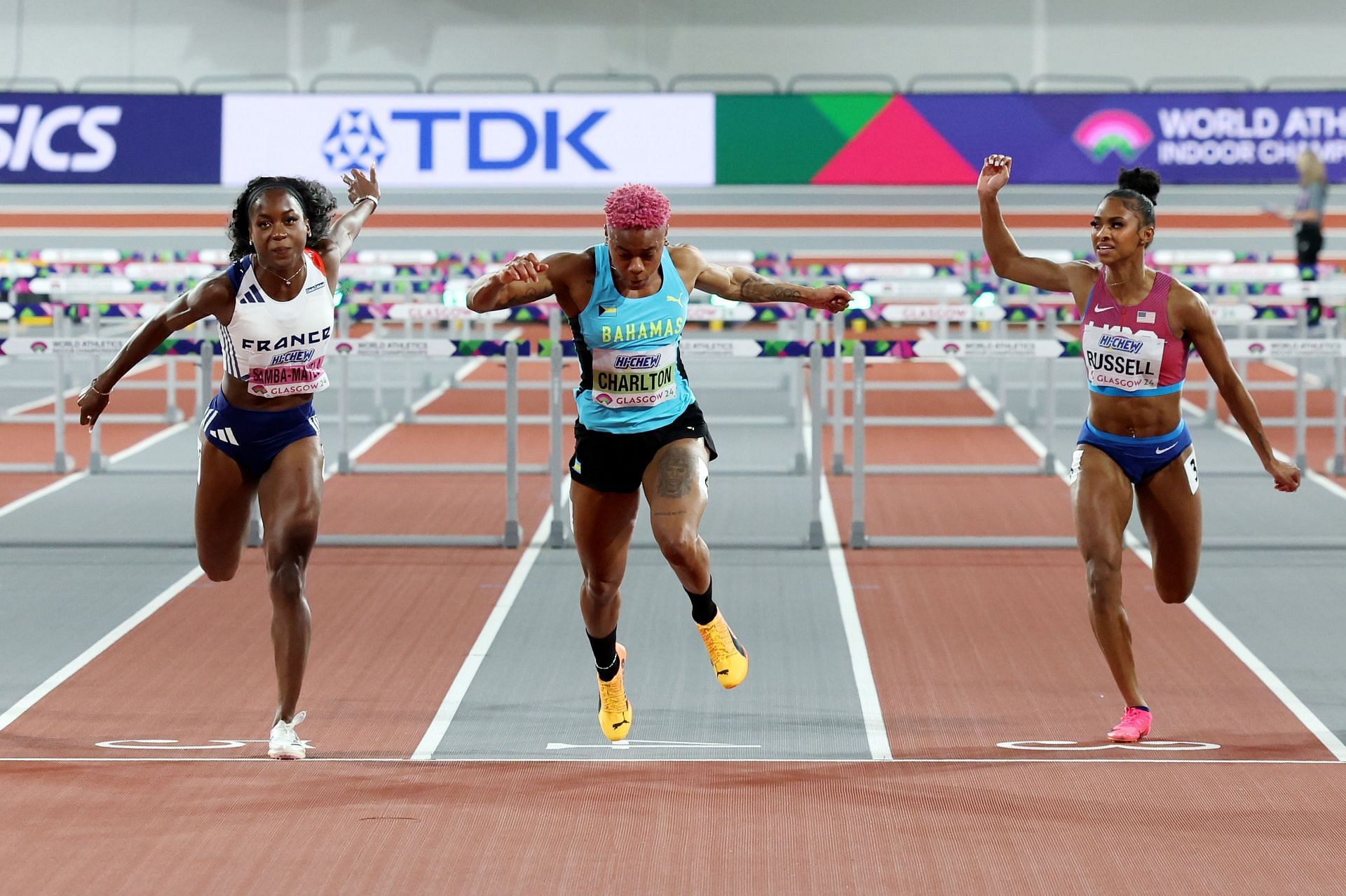 Devynne Charlton, Cyrena Samba-Mayela, and Masai Russell at the World Athletics Indoor Championships Glasgow 2024. (Photo by Ian MacNicol/Getty Images)