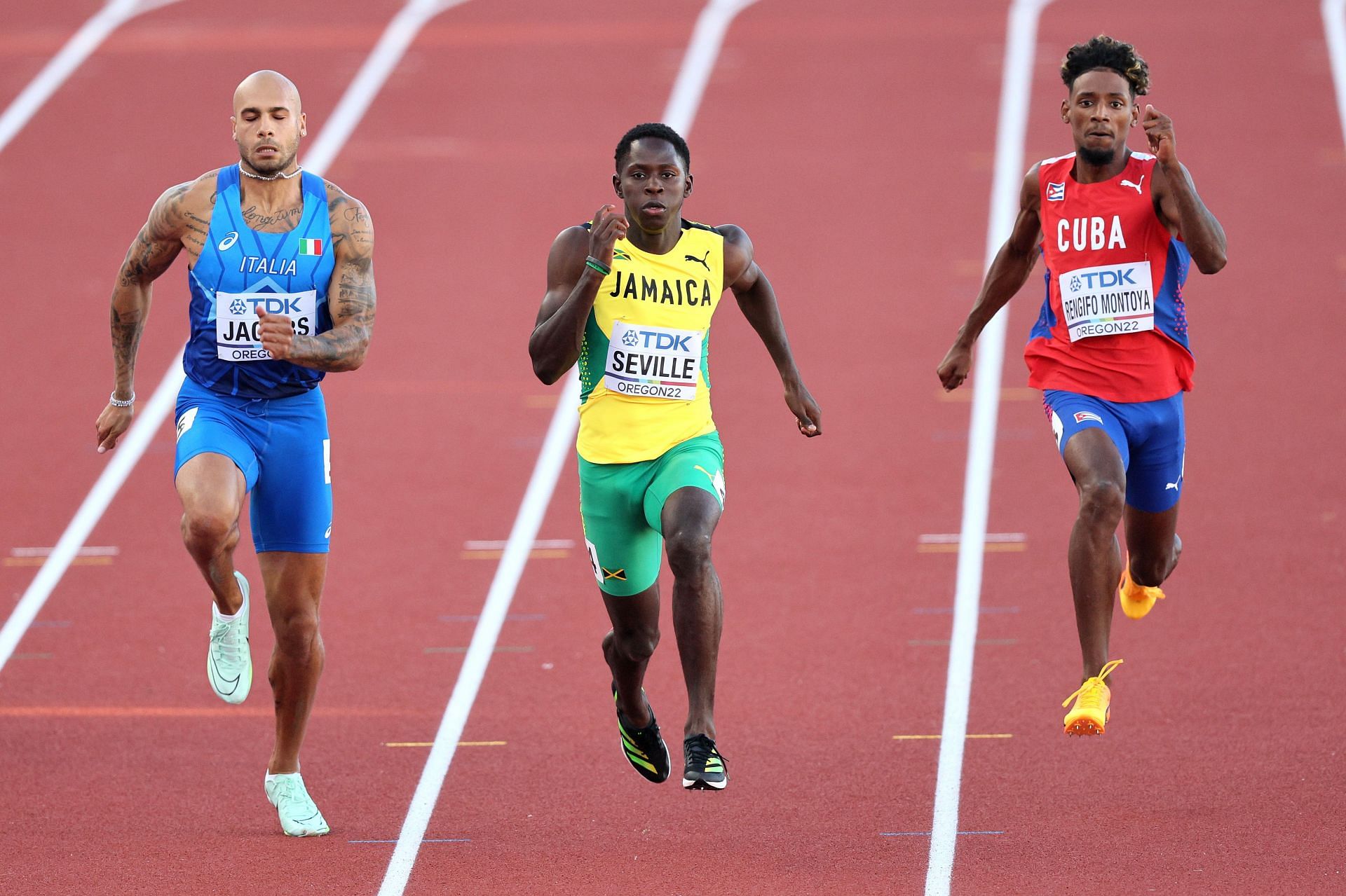 Oblique Seville (centre) in action at the 2022 World Championships