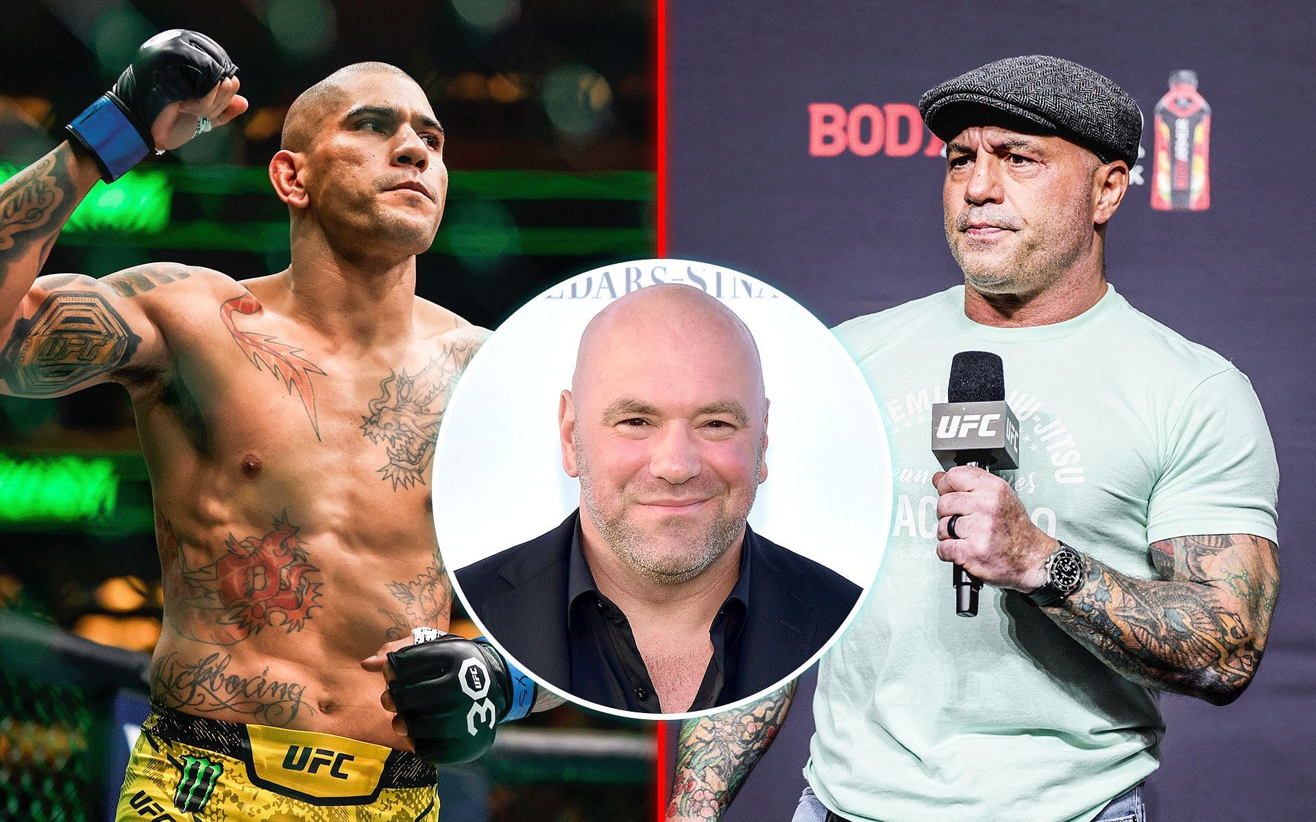 Dana White (inset) says Joe Rogan (right) is pushing for a heavyweight title fight for Alex Pereira (left). [Image courtesy: Getty Images] 