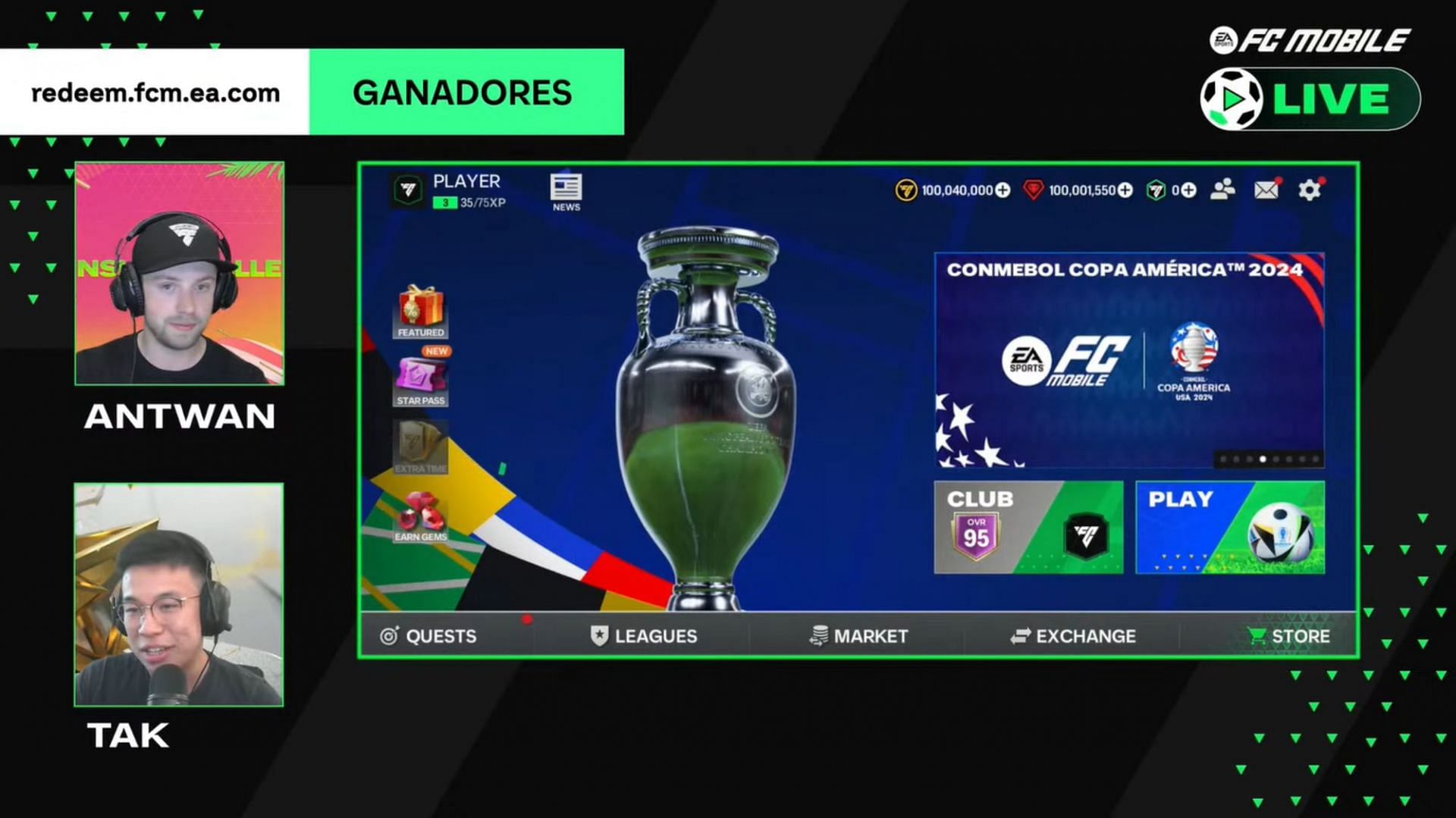 Antwan and Tak revealing the new FC Mobile Redeem Code: GANADORES in the latest FC Mobile YouTube Live stream (Image via YouTube/@EASFCMOBILE)