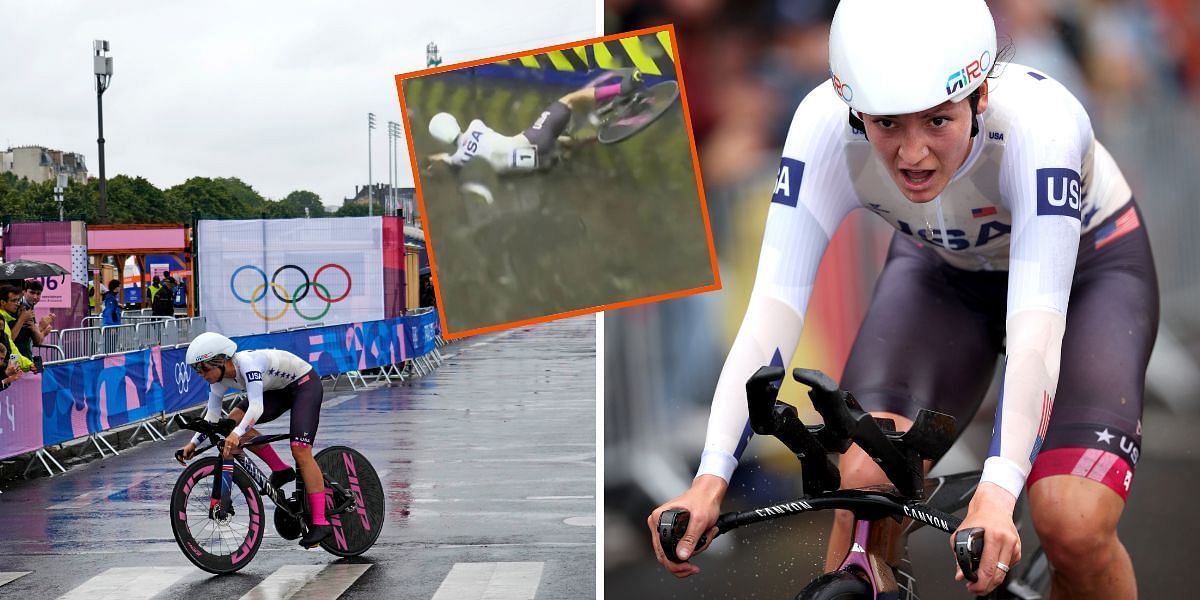 Chloe Dygert at the Paris Olympics cycling time trial (Images via Getty, inset via the Paris Olympics stream)