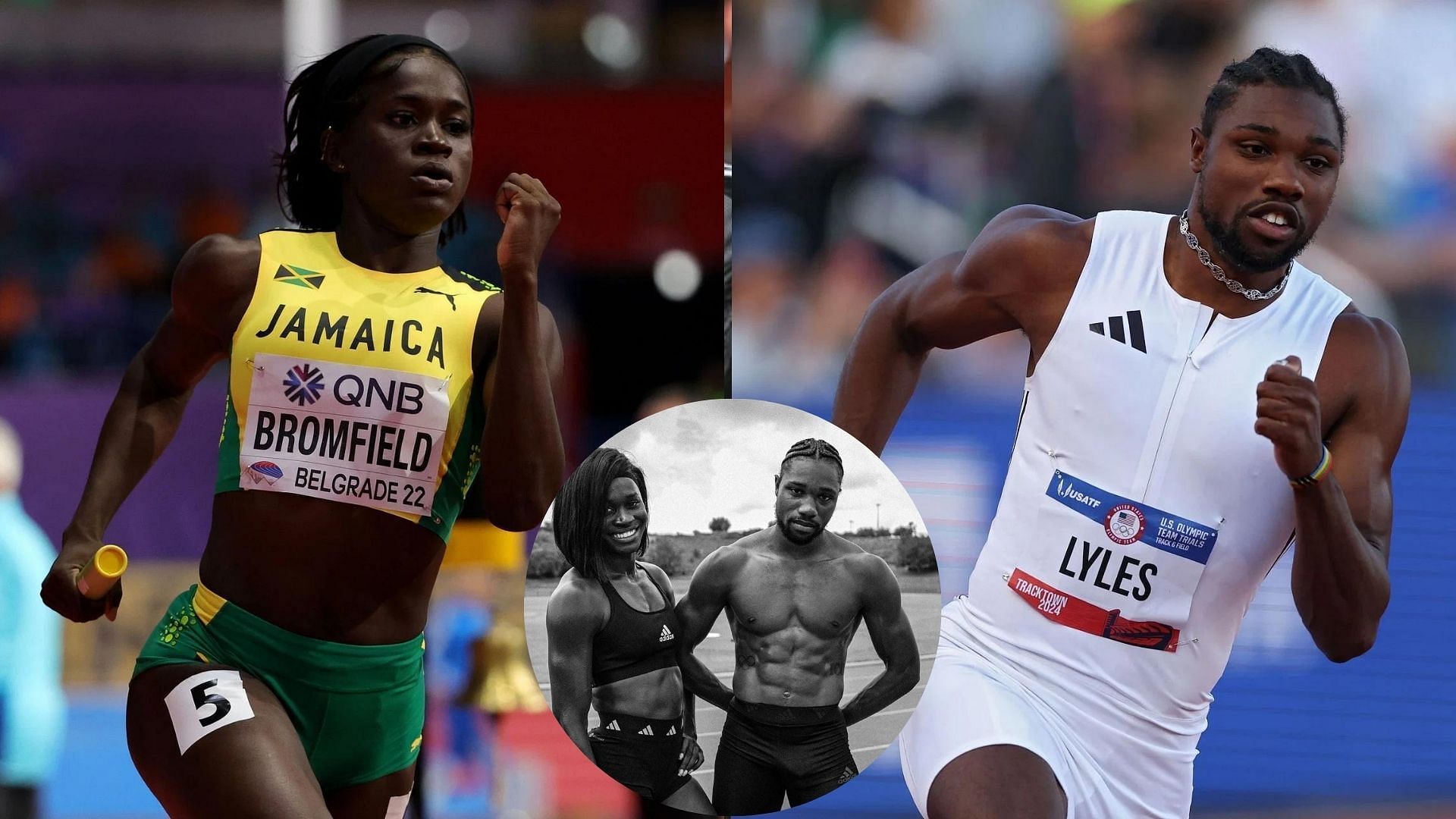 Junelle Bromfield (L) and Noah Lyles (R) (Source: Getty Images) /Noah Lyles and Junelle Bromfield (C) (Source: Junelle Bromfield Instagram)