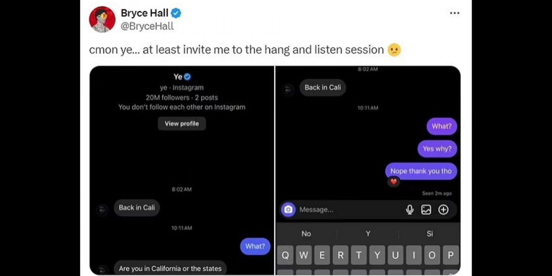 Bryce Hall tweeted about the alleged conversation. (Image via X/@BryceHall)