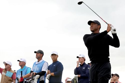 Tiger Woods tees off on the 15th hole during a practice round ahead of The 152nd Open Championship (Image via Getty)