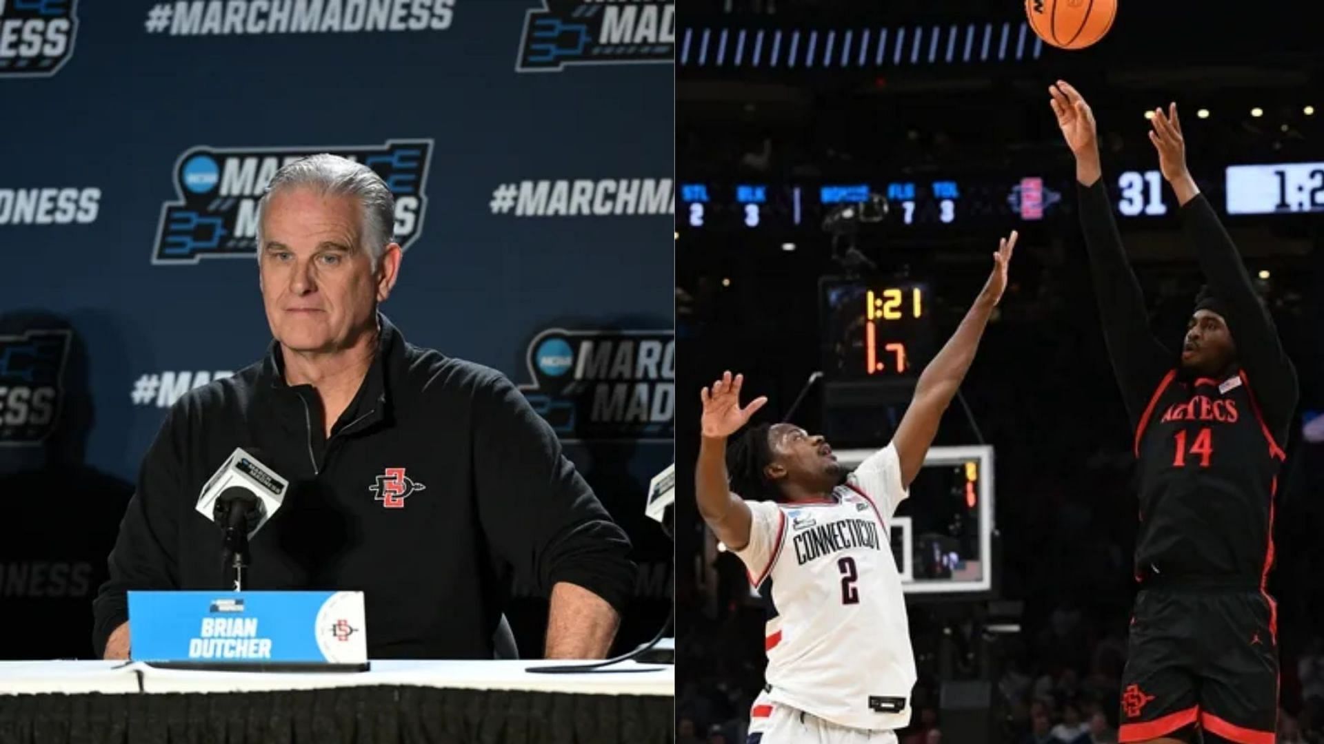 San Diego State coach Brian Dutcher (left) and Aztecs guard Reese Waters (right). (Image Source: IMAGN)