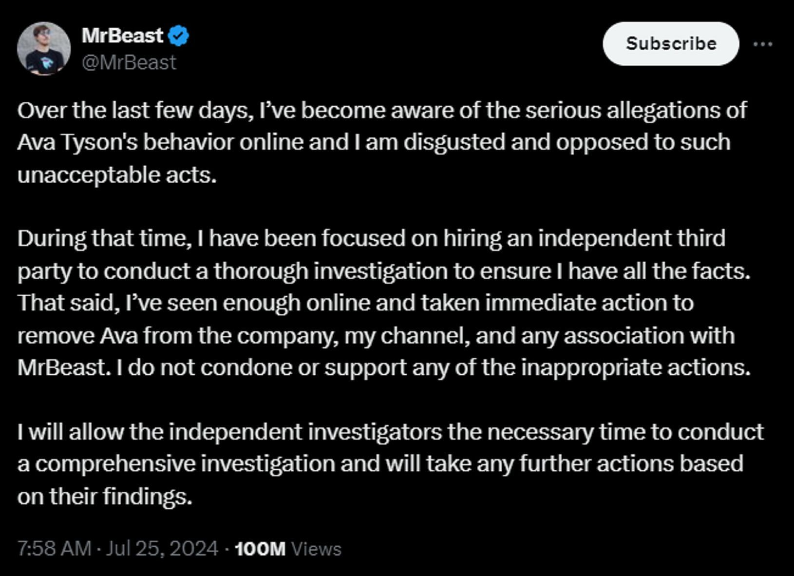 MrBeast&#039;s full statement against Ava Kris Tyson (Image via X)