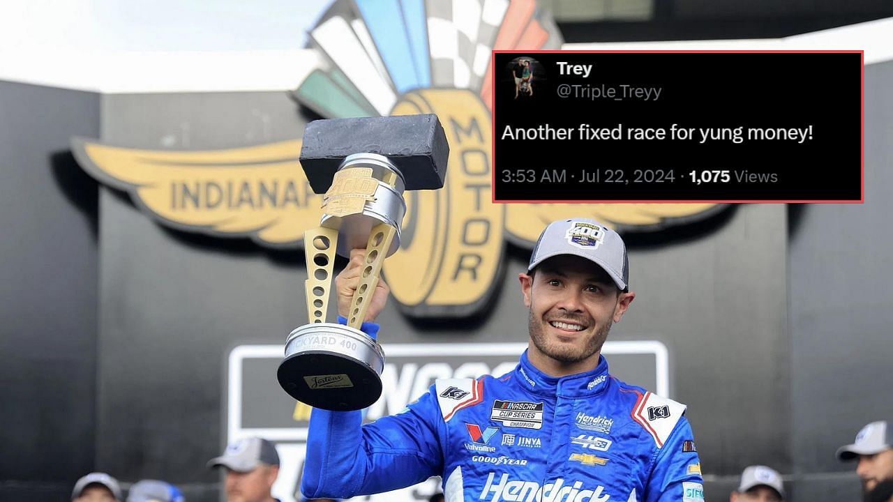 Kyle Larson after winning the Brickyard 400. Credit: Getty Images. Fan Reaction. Courtesy: x.com/Triple_Treyy