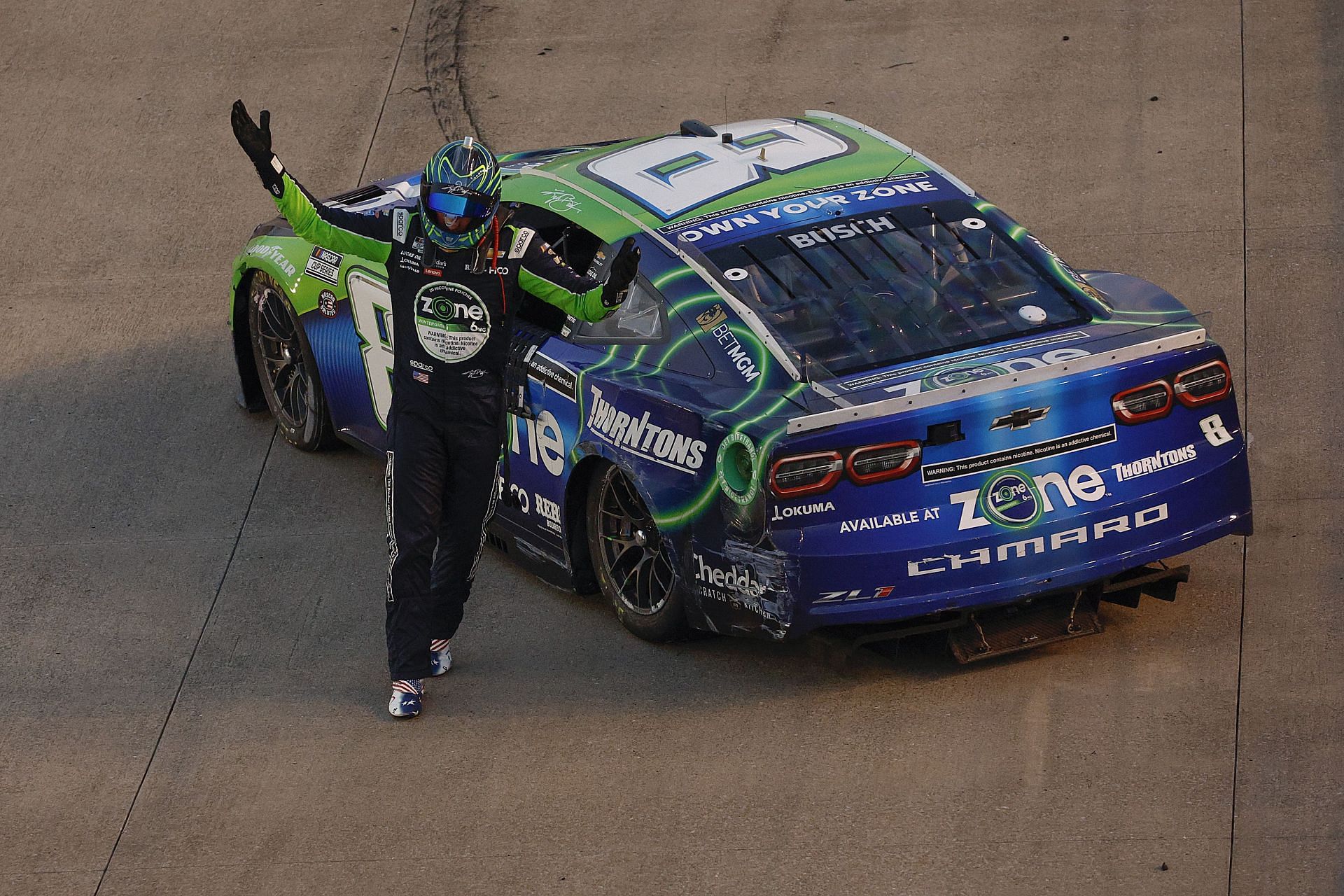 Kyle Busch, driver of the #8 zone/Thorntons Chevrolet, exits his car and reacts after an on-track incident during the NASCAR Cup Series Ally 400 at Nashville Superspeedway on June 30, 2024, in Lebanon, Tennessee. (Photo by Sean Gardner/Getty Images)