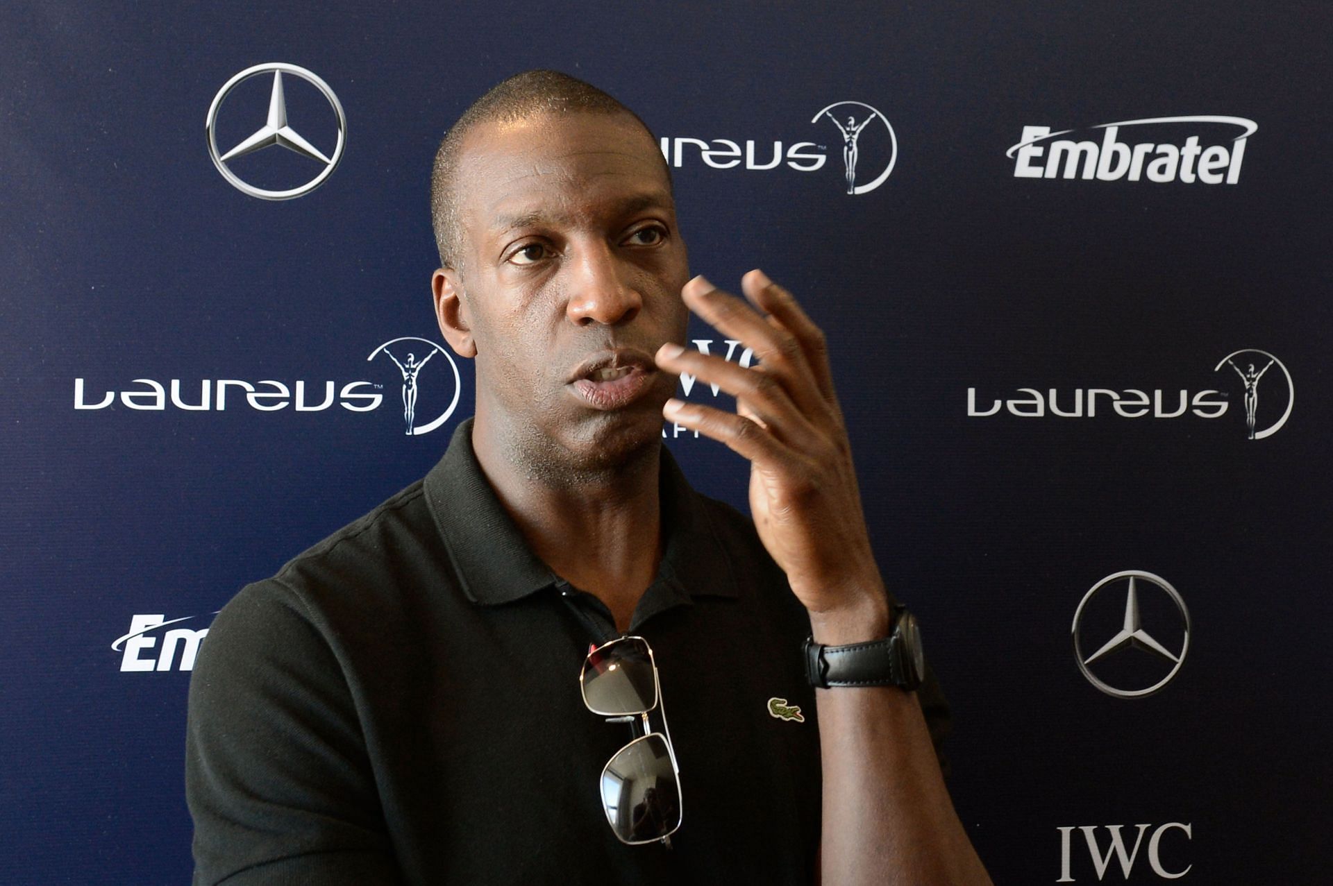 Michael Johnson is interviewed during day 2 of the 2013 Laureus World Sports Awards in Rio de Janeiro, Brazil. (Photo by Buda Mendes/Getty Images for Laureus)