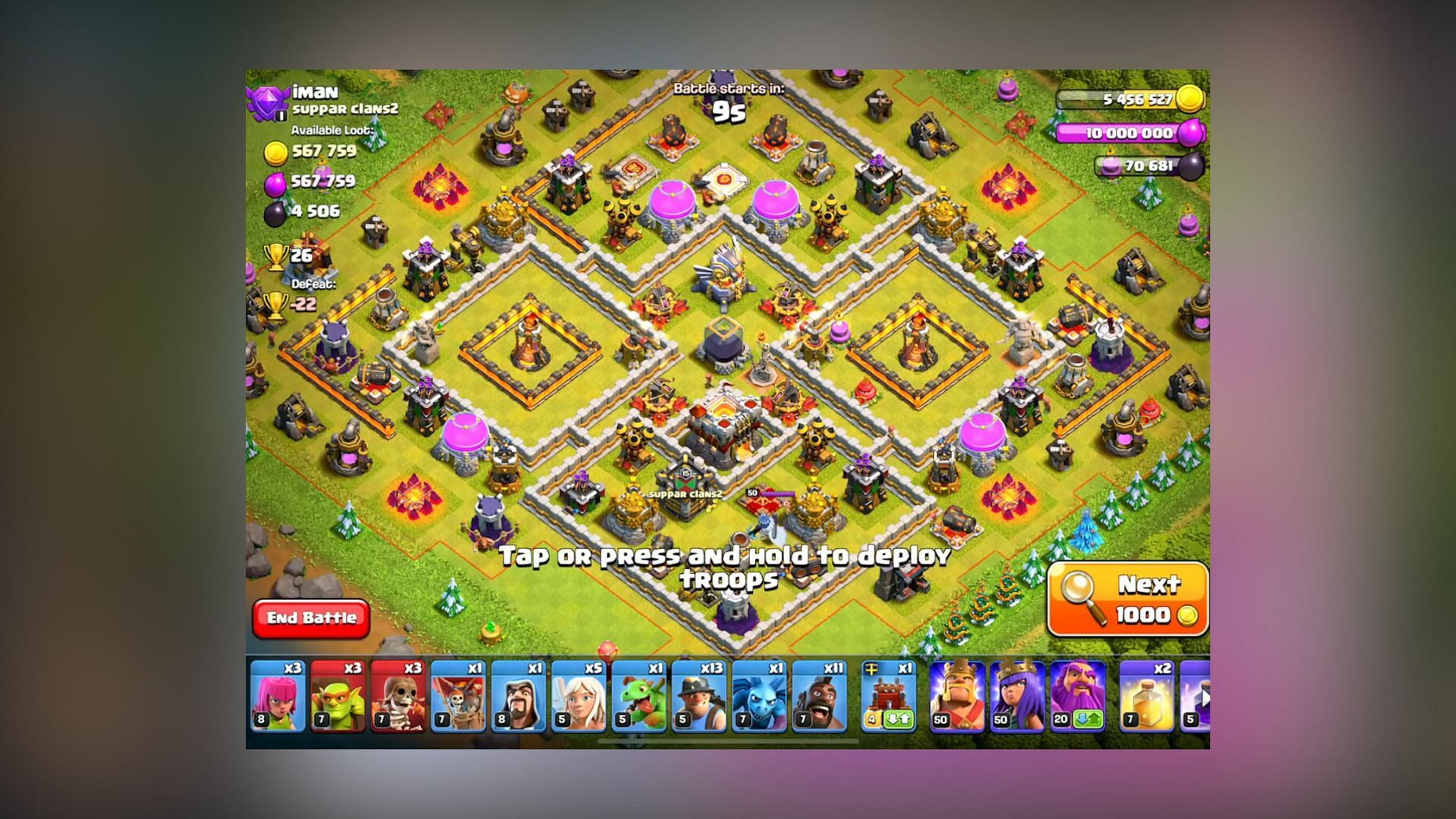 Army composition of Town Hall 11 Recall Queen Charge Hybrid attacking strategy (Image via SuperCell)