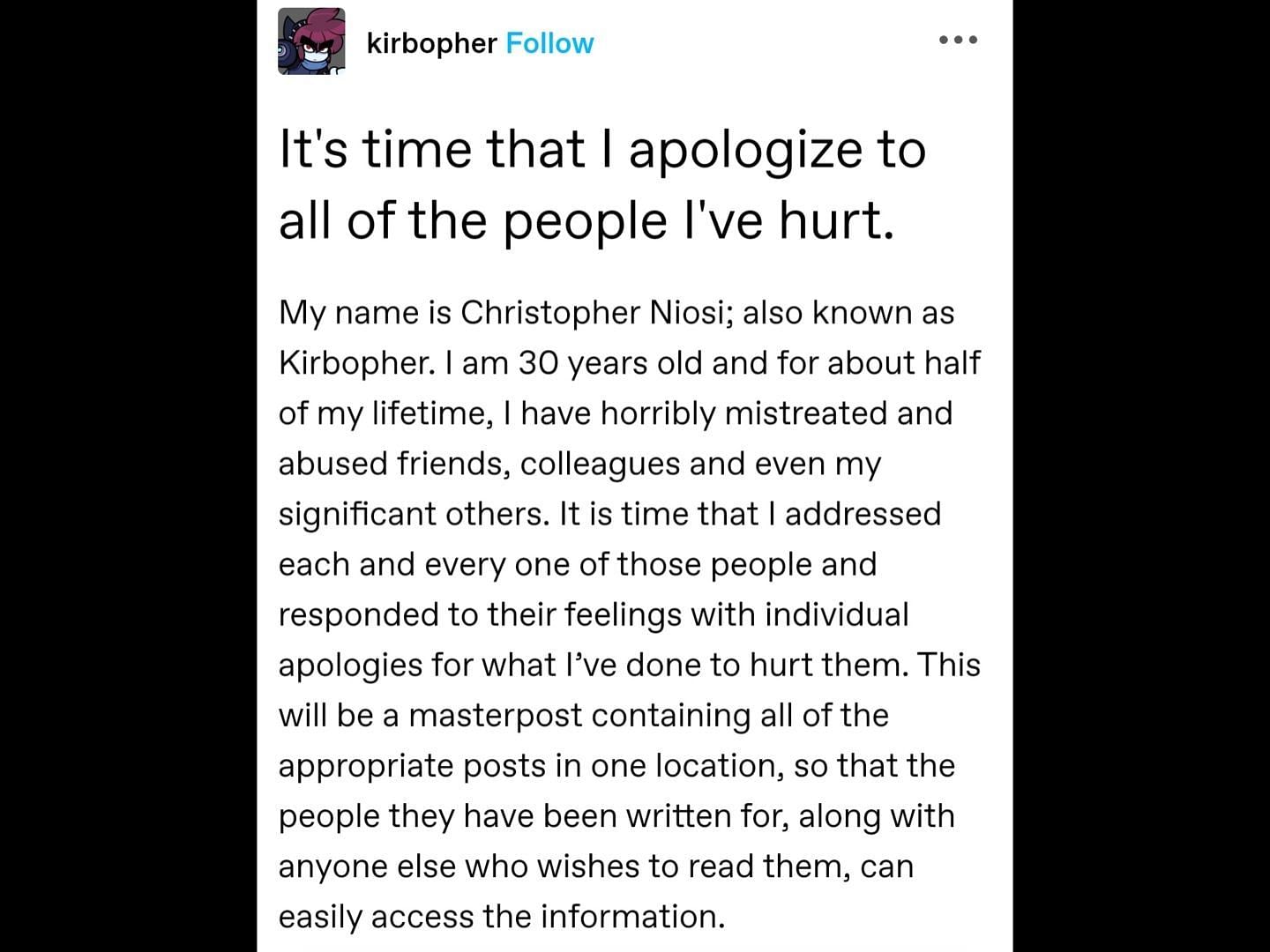 Chris Niosi&#039;s apology post from 2019. (Image via X/ @tnbhoods)