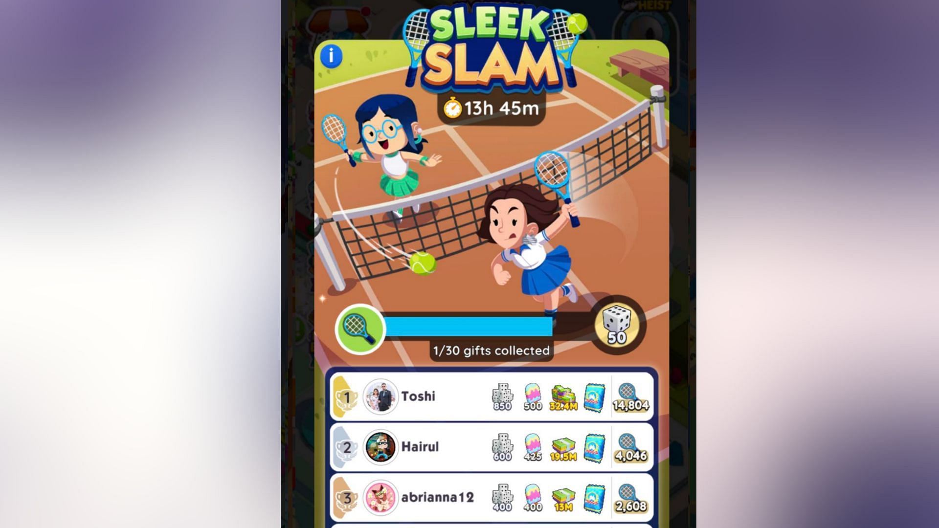 Monopoly Go Sleek Slam leaderboard rewards (Image via Scopely)