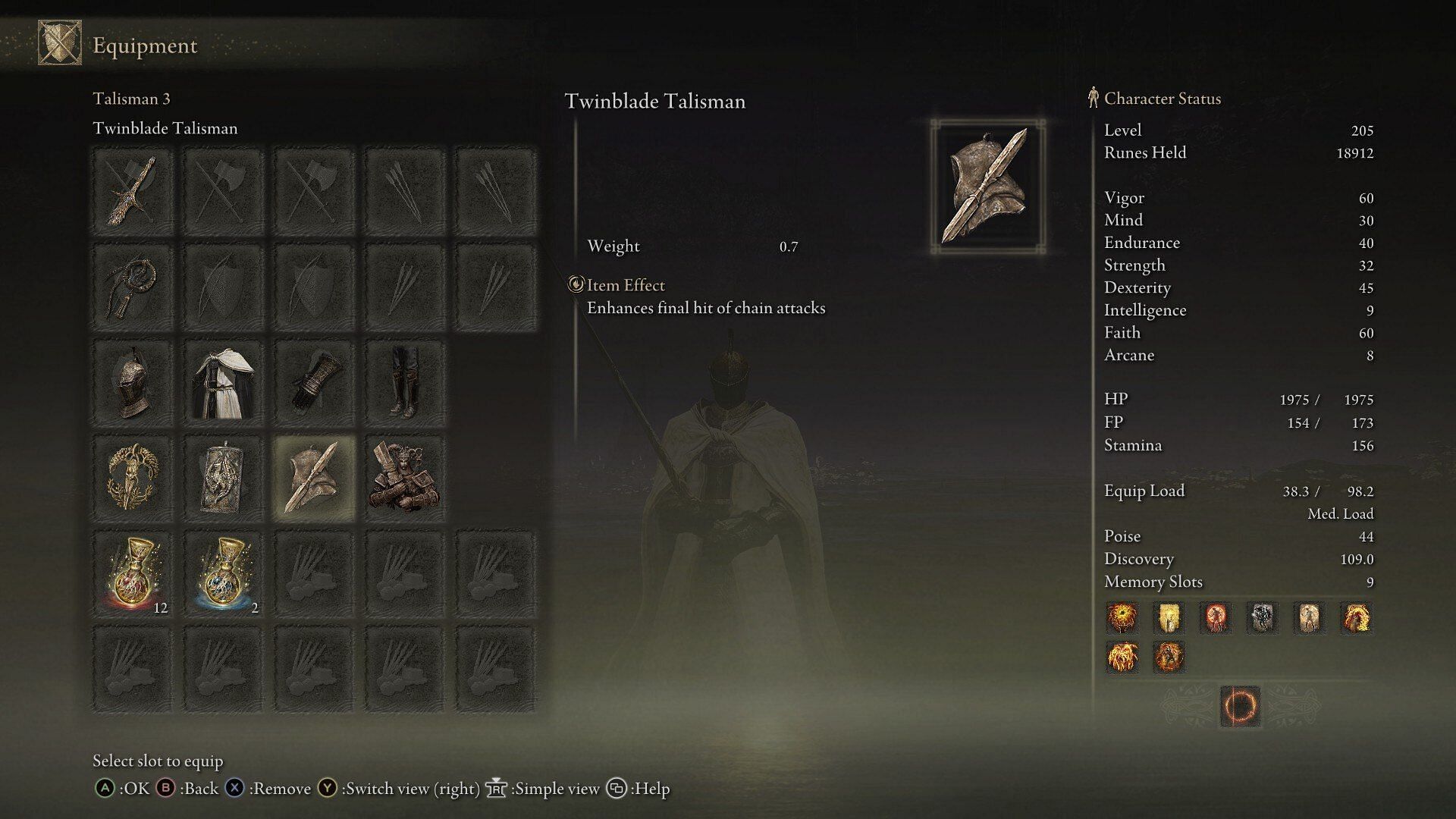 The Twinblade Talisman is mandatory for this build, as it allows you to deal bonus damage on the final hit of Leda&#039;s Sword&#039;s combo (Image via FromSoftware)