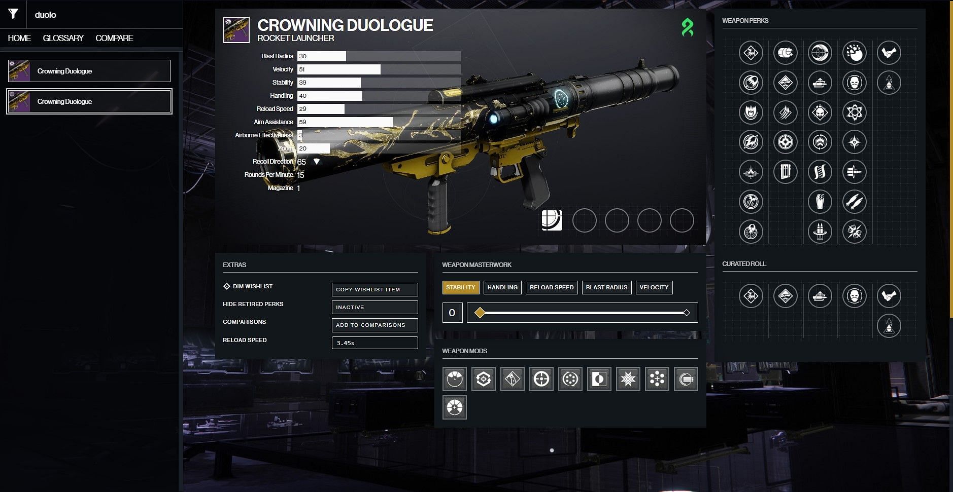 Crowning Duologue Rocket Launcher in Destiny 2 (Image via D2Gunsmith/Bungie)