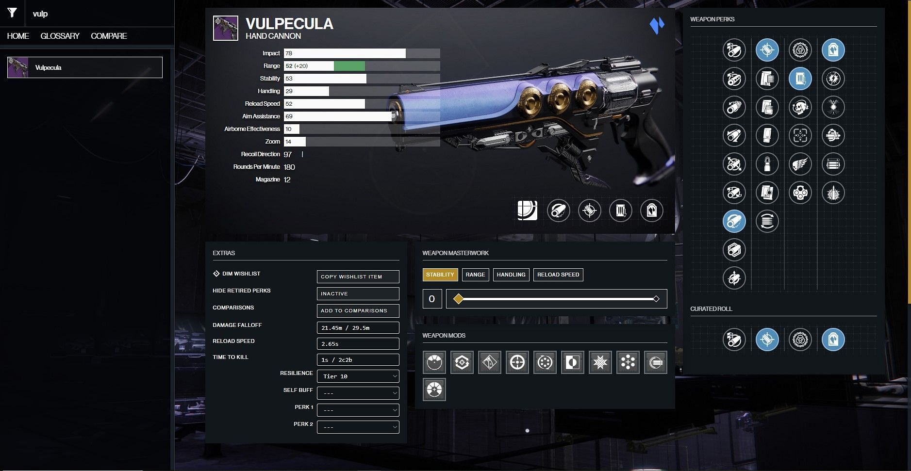 Vulpecula PvE god roll in Destiny 2 (Image via D2Gunsmith)