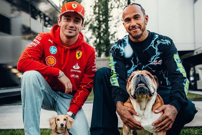 WATCH: Future Ferrari teammates Lewis Hamilton and Charles Leclerc’s pet dogs Roscoe and Leo meet for the first time