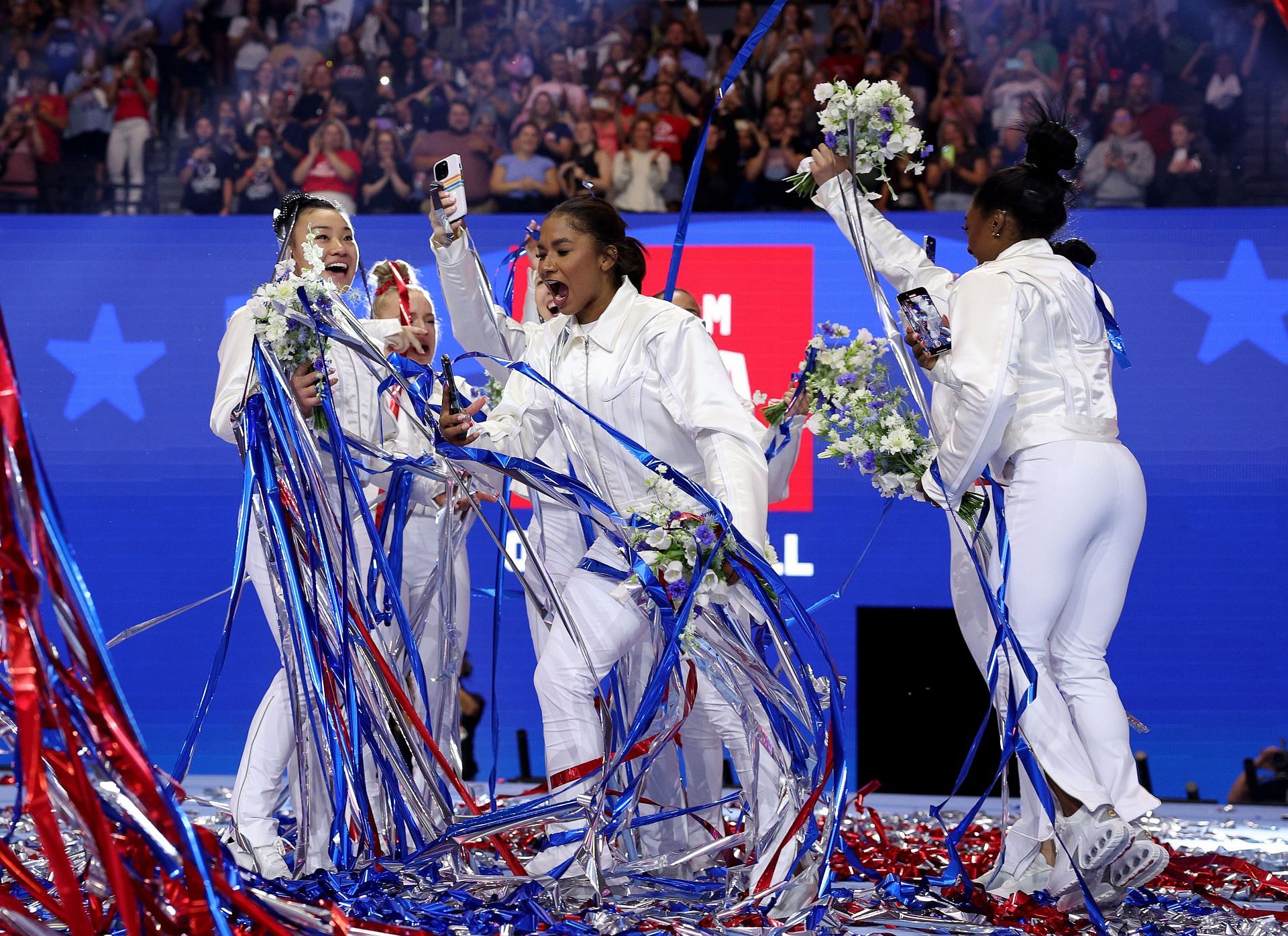 The USA women&#039;s gymnastics team celebrating after the selection [Image Source: Getty]