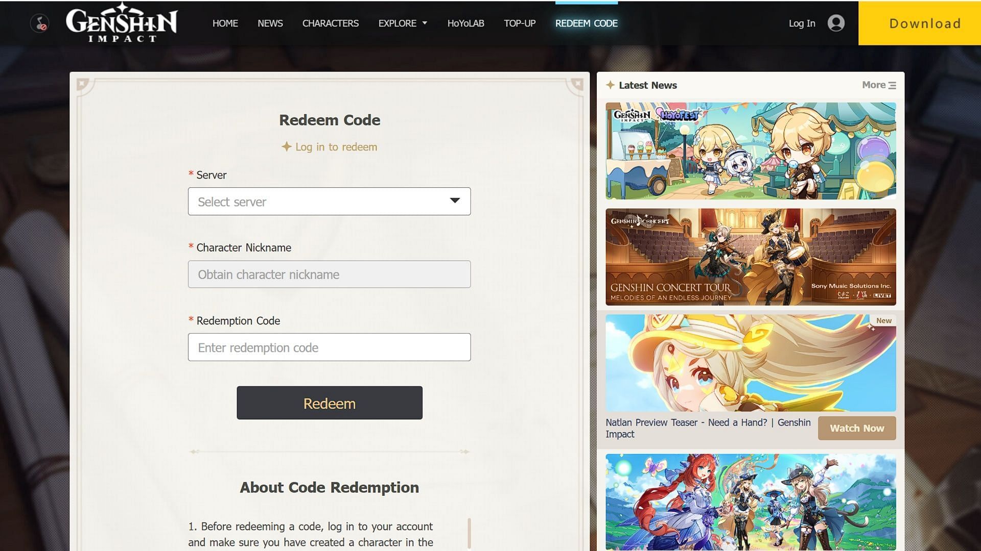 Codes can be redeemed on the official website (Image via HoYoverse)