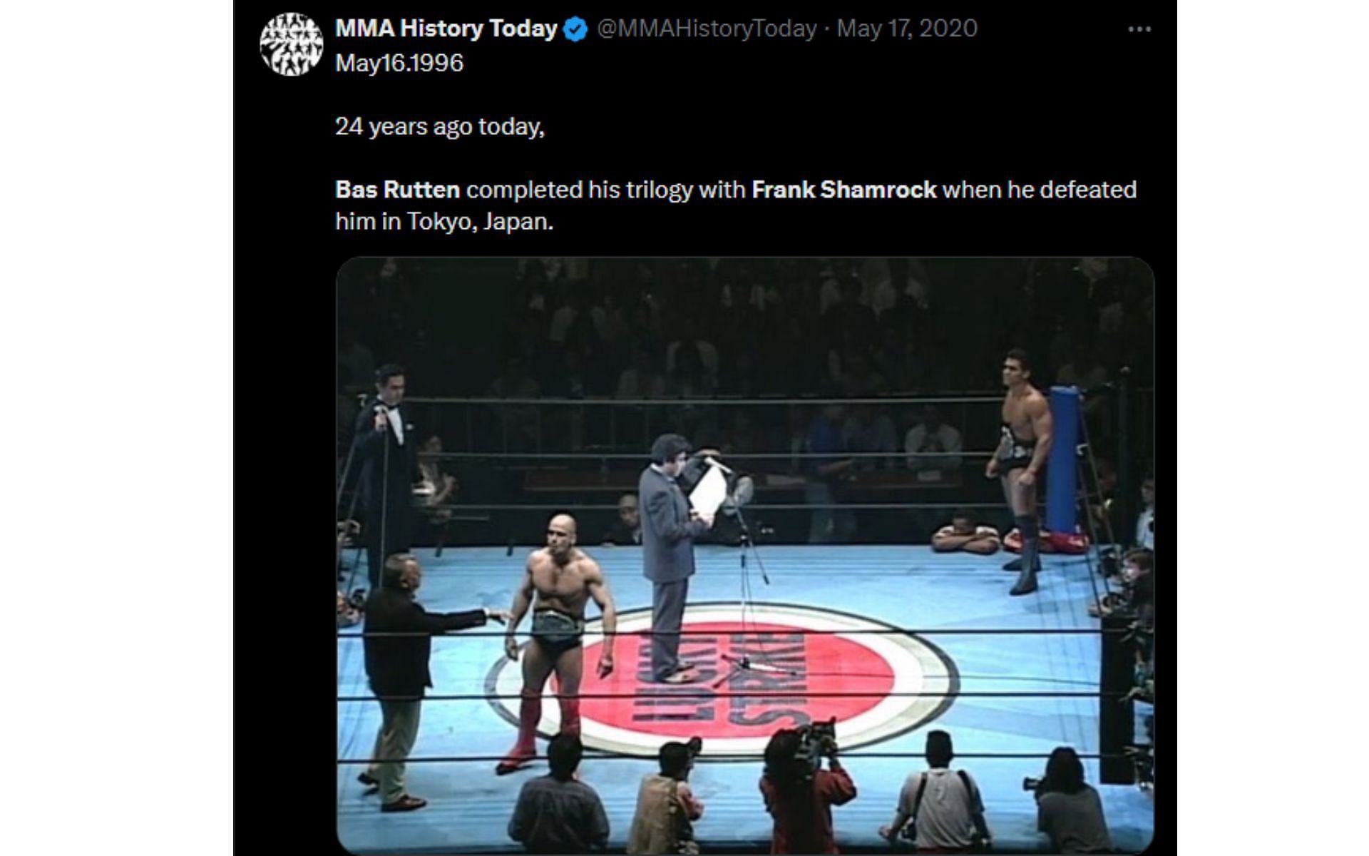 Tweet regarding Shamrock and Rutten&#039;s trilogy bout [Image courtesy: @MMAHistoryToday - X]