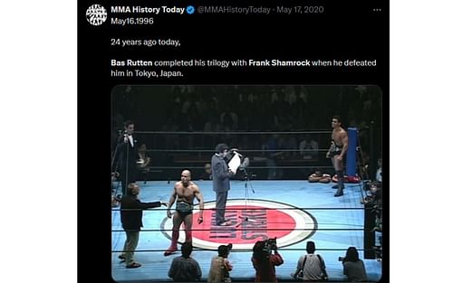 Tweet regarding Shamrock and Rutten's trilogy bout [Image courtesy: @MMAHistoryToday - X]