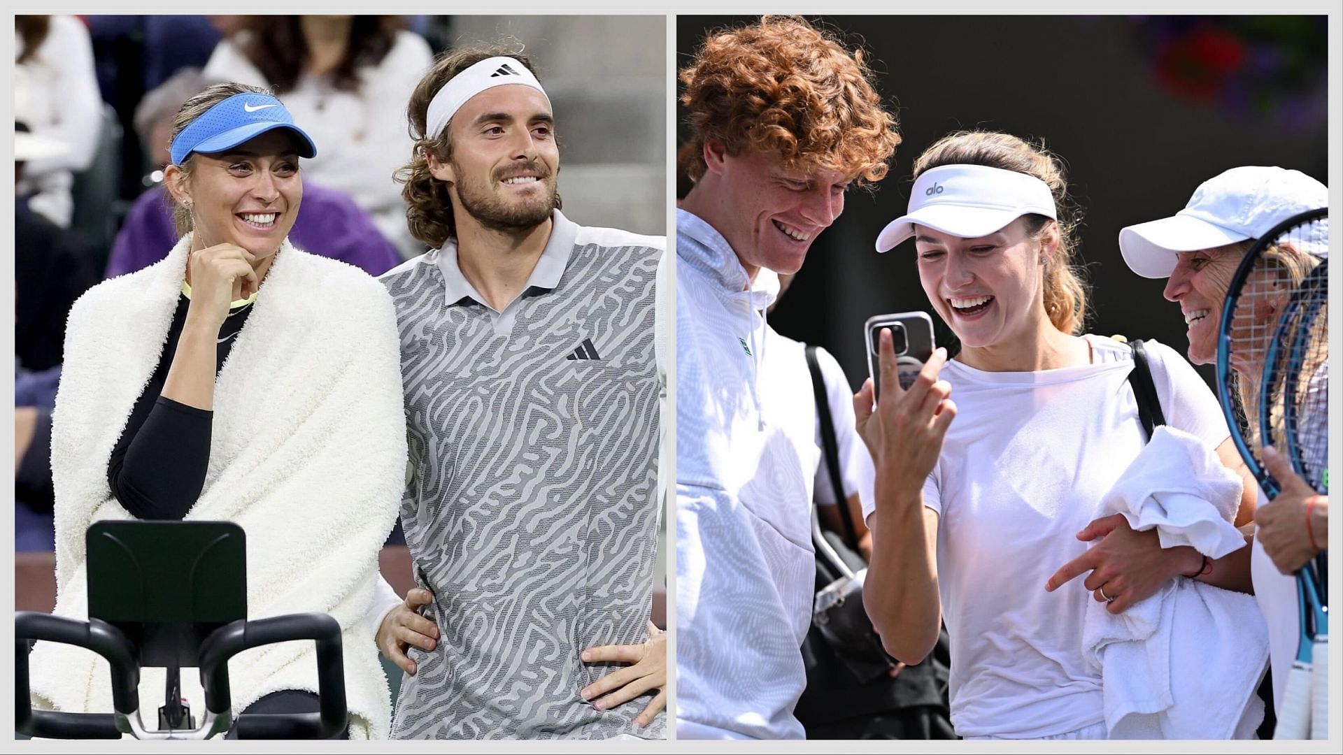 Stefanos Tsitsipas with Paula Badosa(left) and Jannik Sinner with Anna Kalinskaya(right). Images: getty image(left) and @wimbledon an X (right)