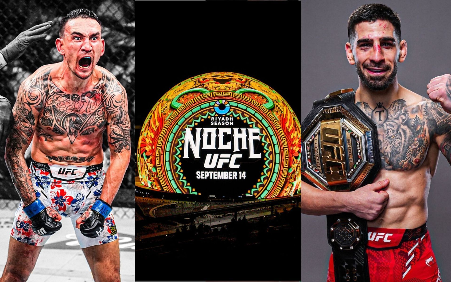 Max Holloway (left) will fight Ilia Topuria (right) at UFC 306 at The Sphere (middle) [Images courtesy: @ufc, @blessedmma and @iliatopuria on Instagram]