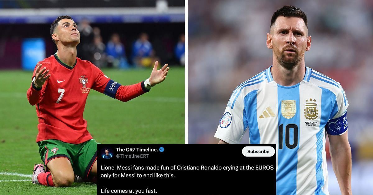 Cristiano Ronaldo fans slams troll Lionel Messi as Argentina captain is subbed off due to injury. (PC: Getty and @TimelineCR7 on X)