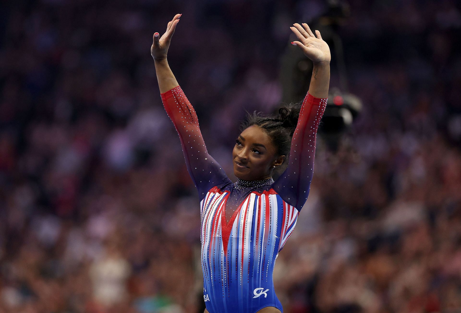 Simone Biles reacts after competing on the floor exercise at the 2024 U.S. Olympic Team Gymnastics Trials in Minneapolis, Minnesota. (Photo by Getty Images)