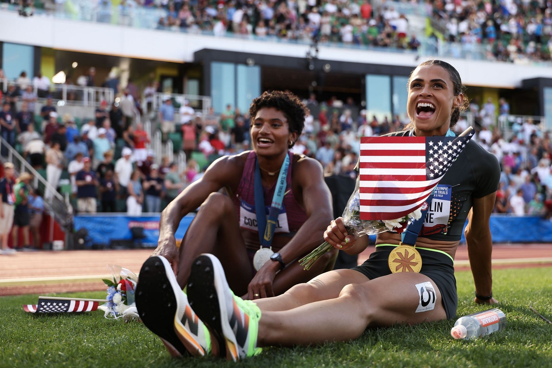 Anna Cockrell relaxing with Sydney McLaughlin-Levrone after the U.S. Olympics Track and Field trials