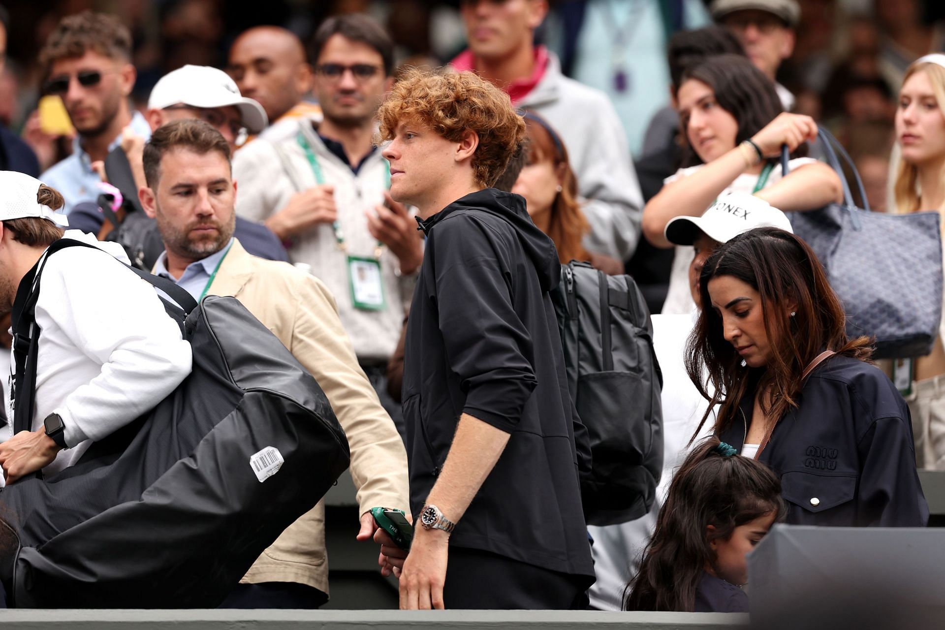 Jannik Sinner (center) in girlfriend Anna Kalinskaya&#039;s box at her Wimbledon 2024 fourth-round match against Elena Rybakina (Image via Getty)