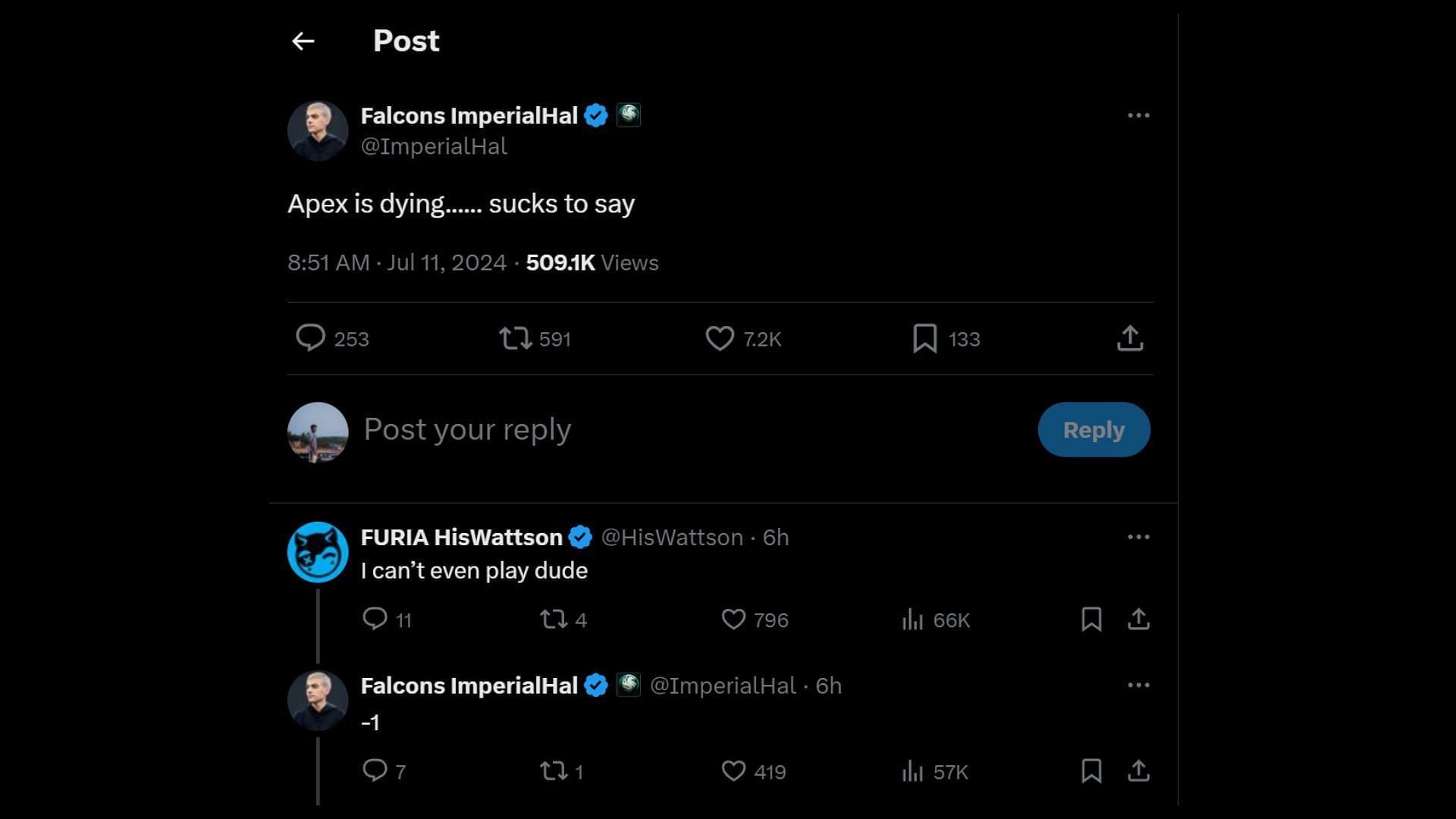 ImperialHal and HisWattson comment on the current state of Apex (Image via X)