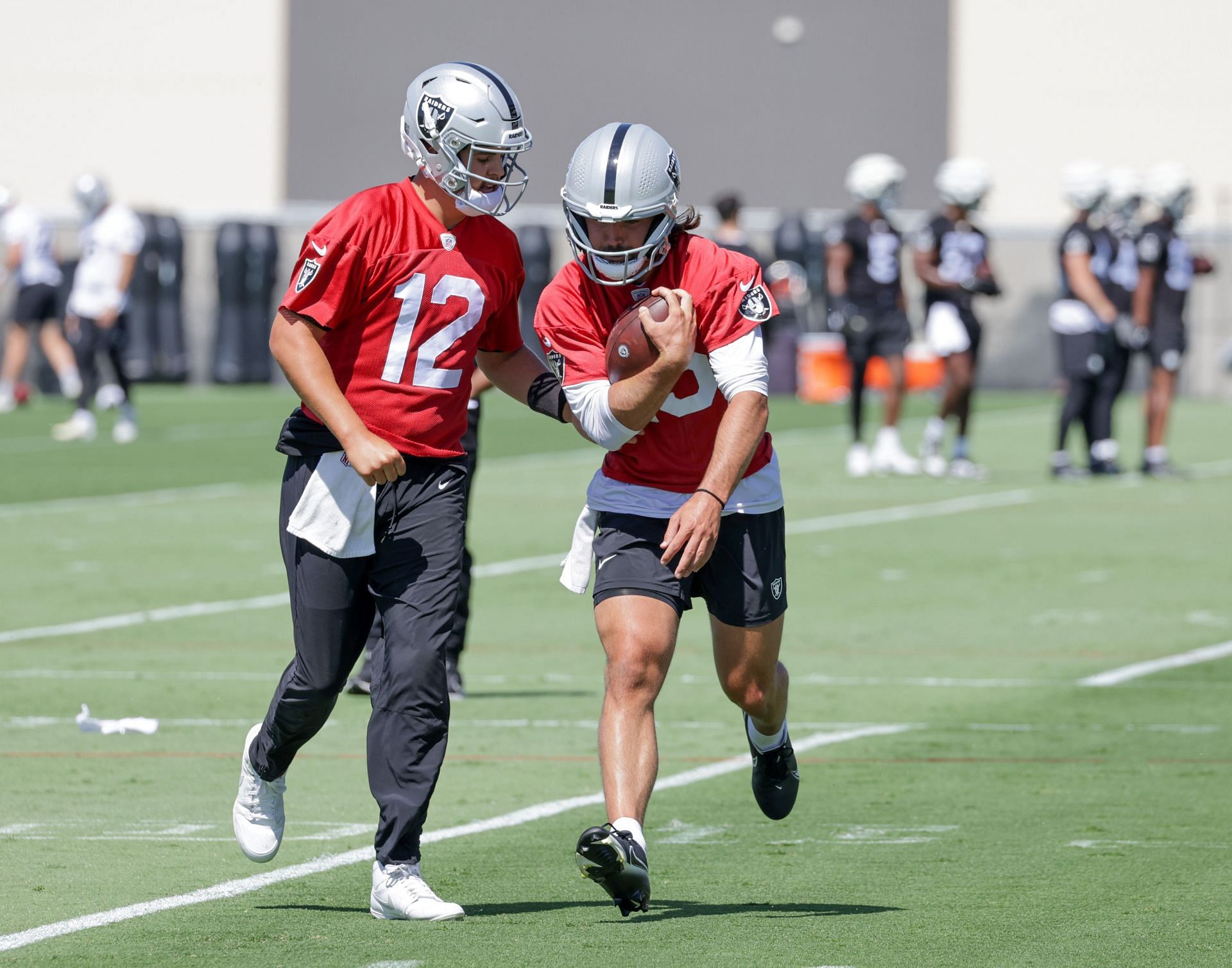 Aidan O&#039;Connell, left, and Garnder Minshew right, during Las Vegas Raiders OTA Offseason Workout