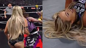 Liv Morgan reacts after Dominik Mysterio awkwardly falls on her on WWE RAW