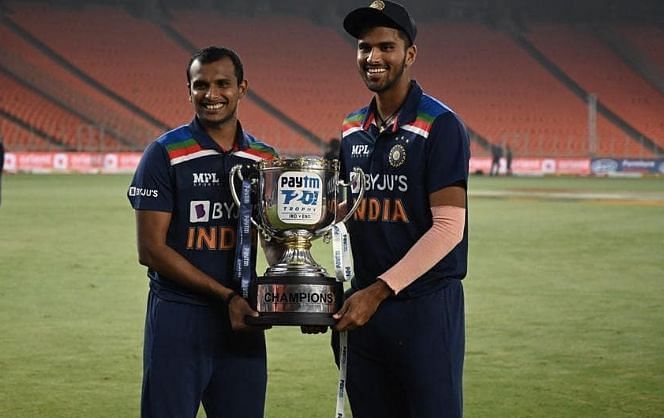 T Natarajan with his India and Tamil Nadu teammate Washington Sundar after winning the T20I series against England (Image Credits: T Natarajan&#039;s Instagram)