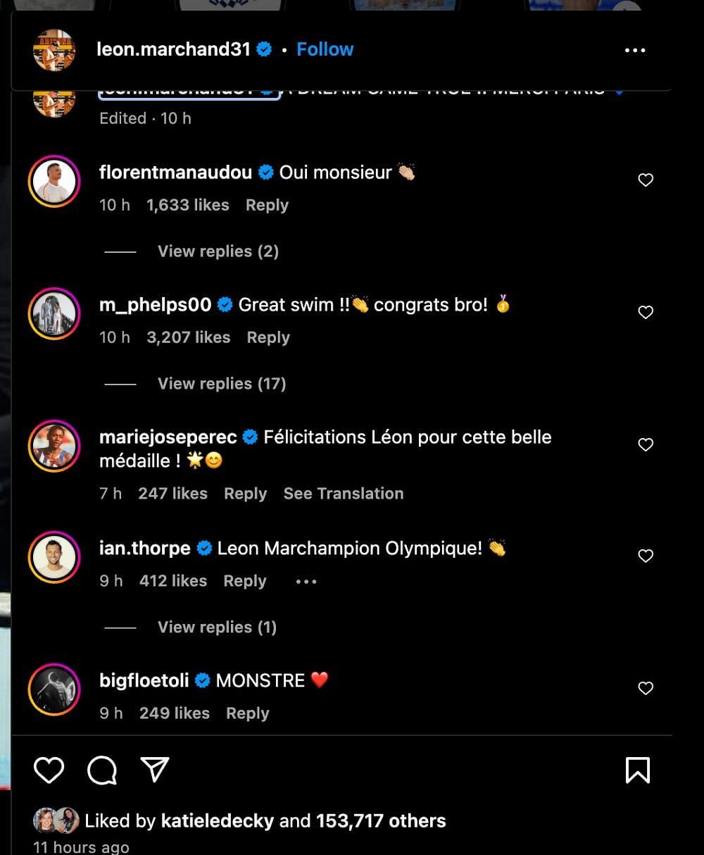 Screenshot of Leon Marchand&#039;s Instagram post&#039;s comment section.