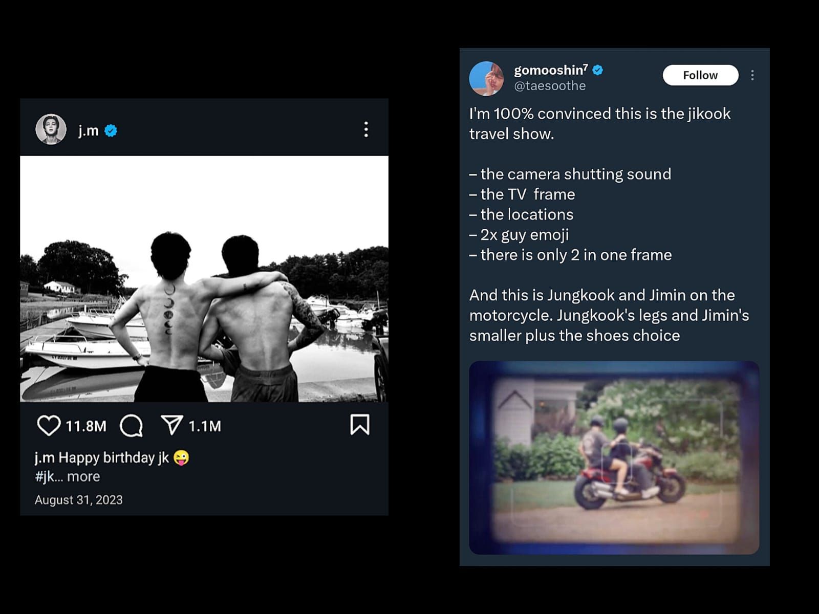 ARMYs gathering clues regarding Jungkook and Jimin&#039;s possible travel show (Image via @J.M/Instagram and @taesoothe/X)