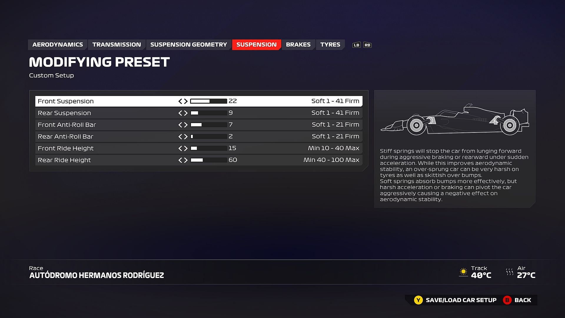 Best recommended Suspension setting for Autodromo Hermanos Rodriguez in Mexico (Image via EA Sports)