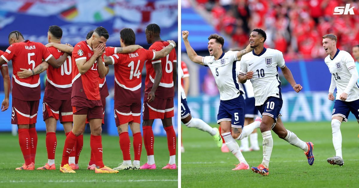 England (right) rejoice after beating Switzerland on penalties to reach the Euro 2024 semi-finals.