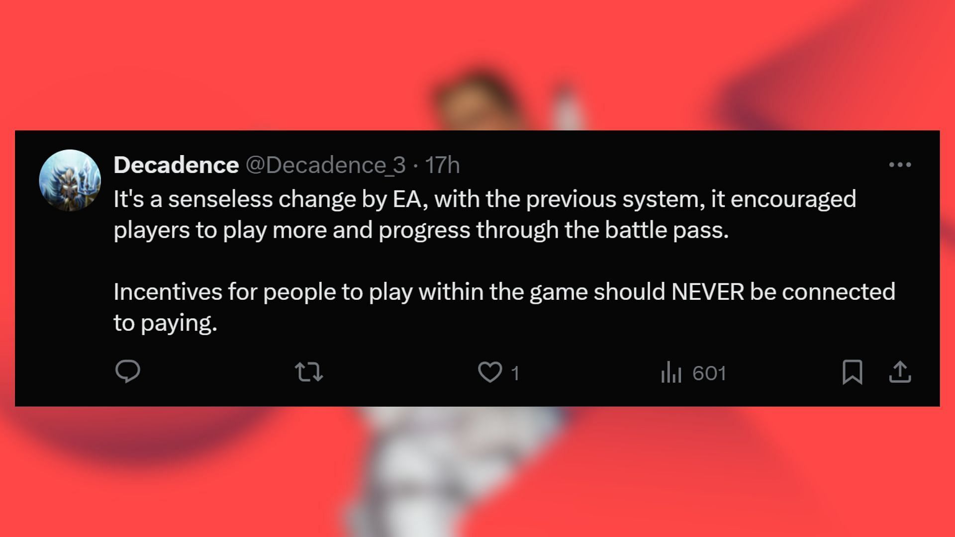 The comment by the Apex Legends fan @Decadence_3 (Image via X)