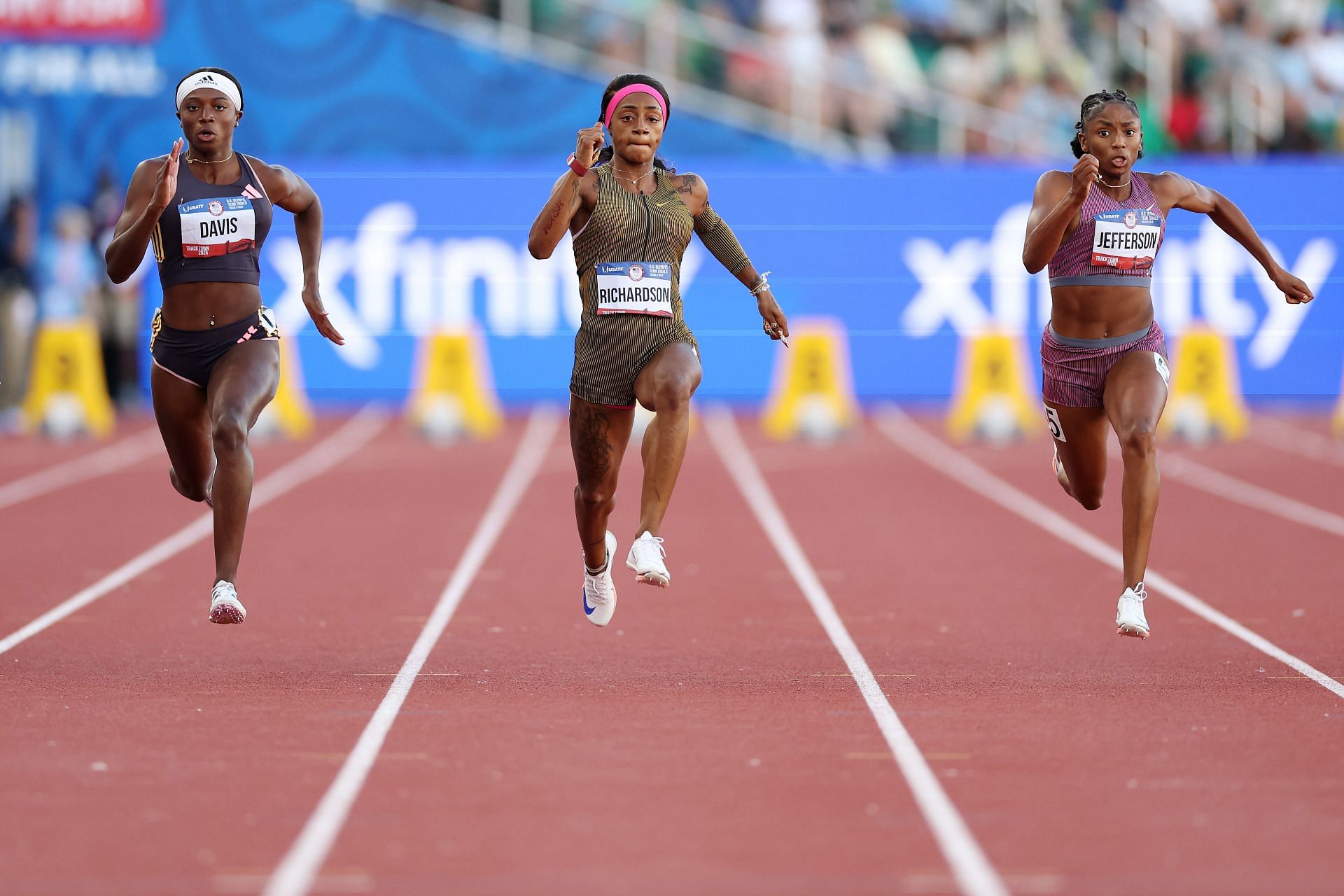 Sha&#039;Carri Richardson [C] in action at the 2024 U.S. Olympic Team Trials [Getty]