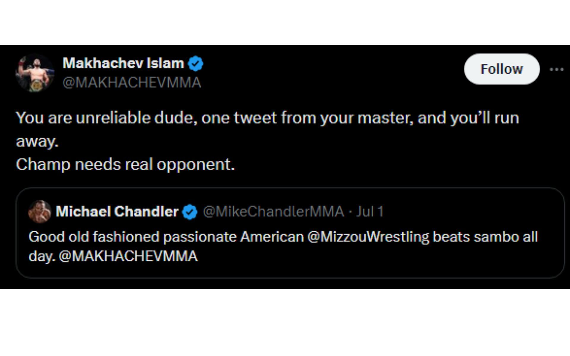 Makhachev&#039;s tweet to Chandler [Image courtesy: @MAKHACHEVMMA - X]